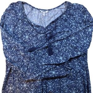 Sonoma Dress Blue Print Long Sleeve Tassel Tie V Neck Casual Boho Summer Size‎ S